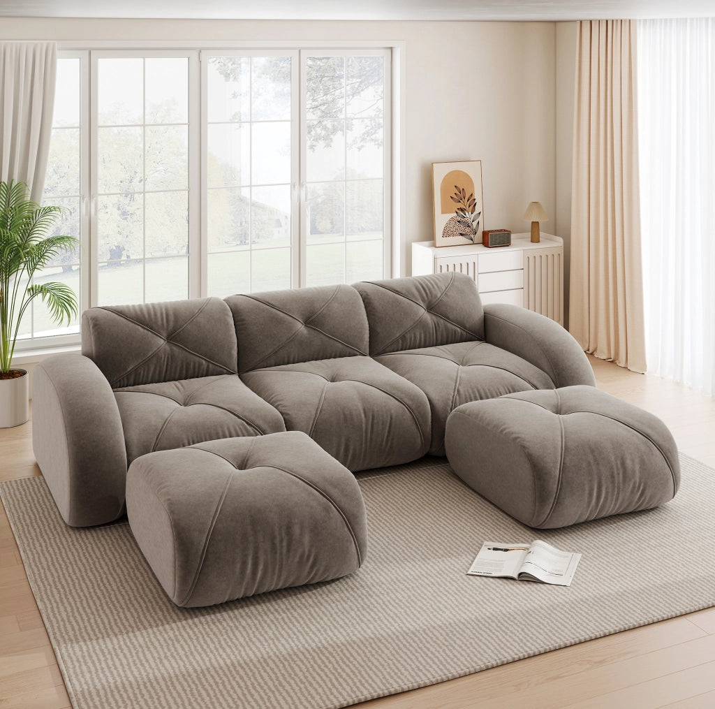 Divano modulare a U 281x171x76 cm in chenille tortora; struttura senza telaio