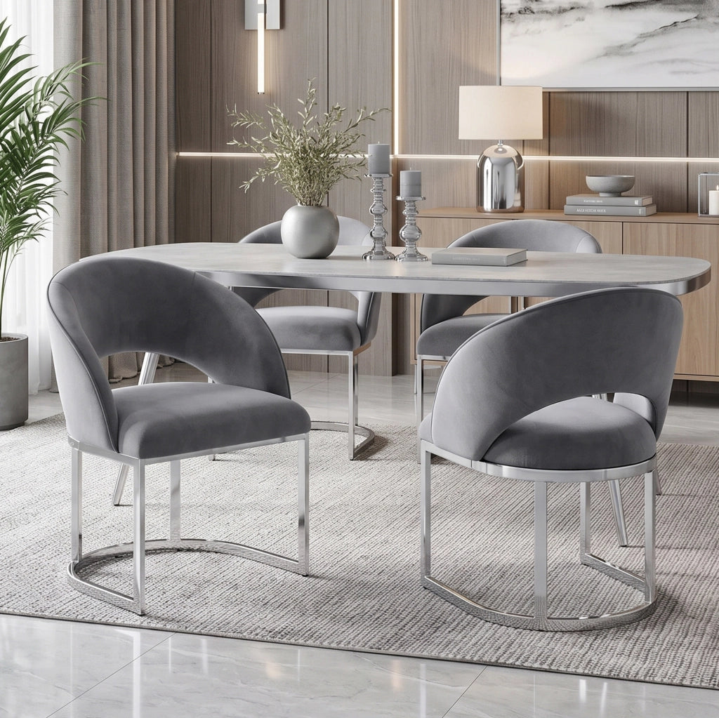 Set di 4 sedie da pranzo 59x56x80 cm in velluto; schienale curvo; gambe in metallo; grigio e argento