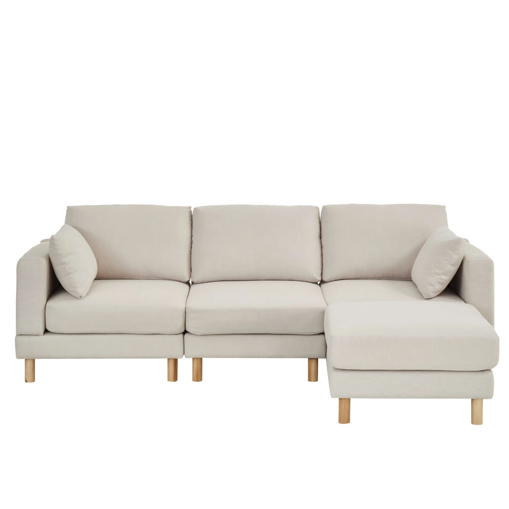 Divano angolare reversibile 3 posti con pouf, seduta modulare e cuscini, in poliestere beige