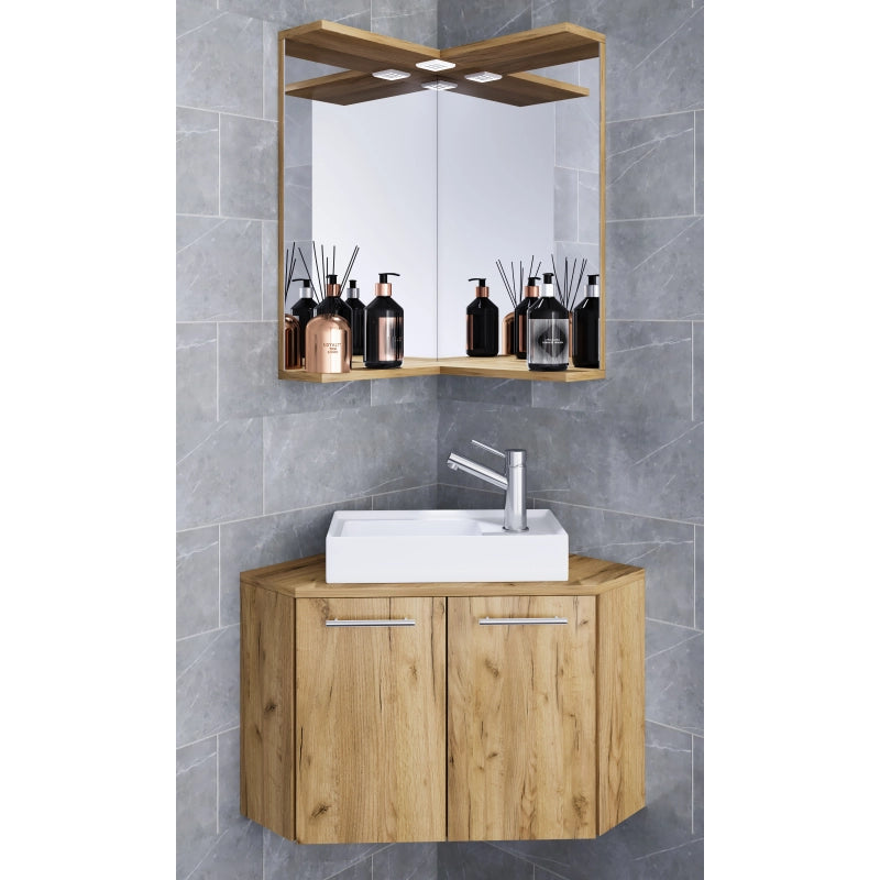Vivere di Ezooza Mobile Angolare Sospeso con lavabo in ceramica di alta qualità e specchio, Rovere miele ,