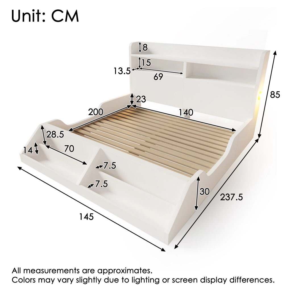 LETTO 140x200 cm Bianco in legno con libreria e luci notturne