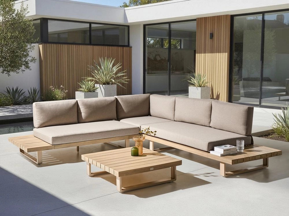 Set di divani angolari da giardino color taupe e marrone chiaro 5 posti a sedere bassi con tavolino da caffè