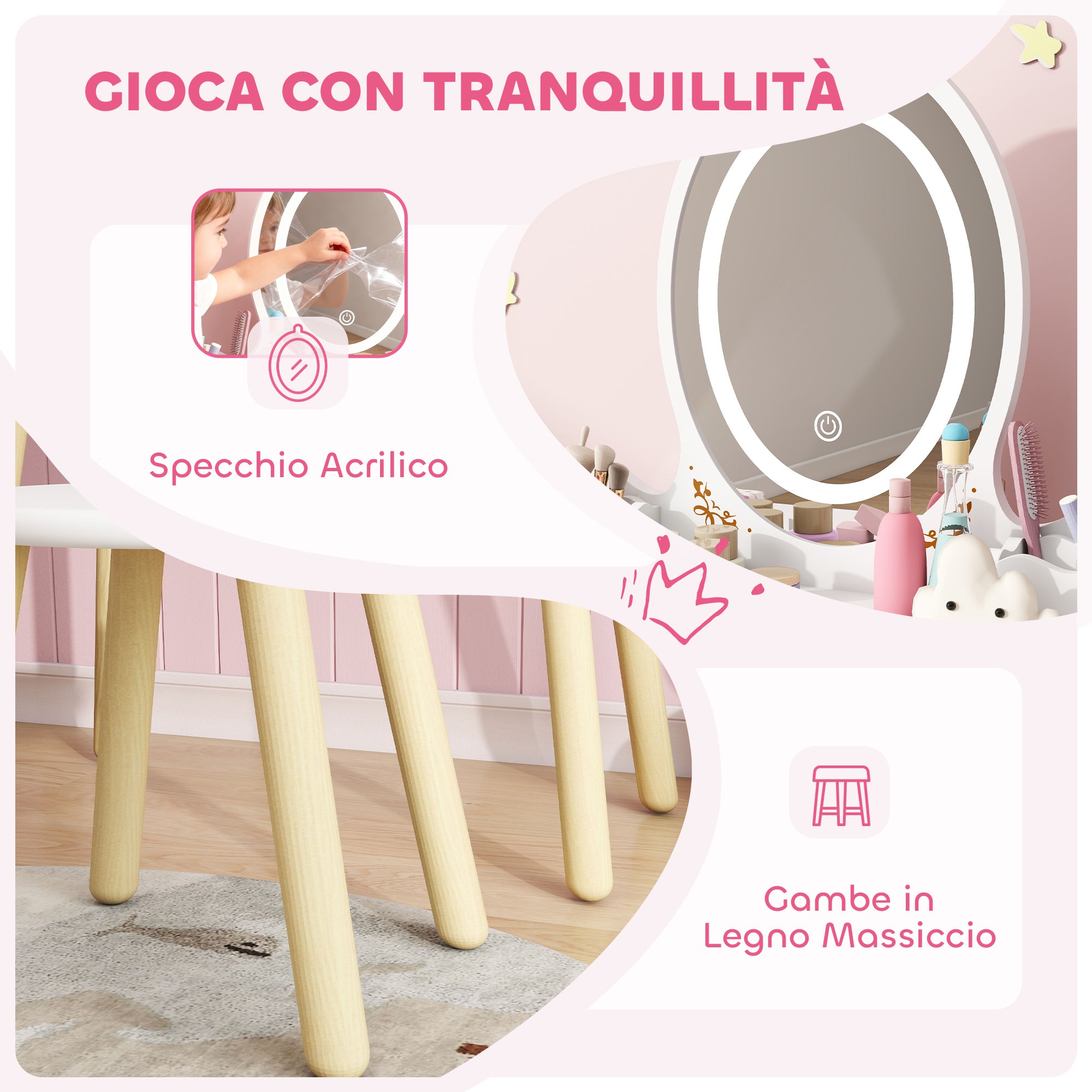 Set Toeletta per Bambine da 3 Anni con Specchio Illuminato e Sgabello 2 Cassetti e 2 Scatole Bianco