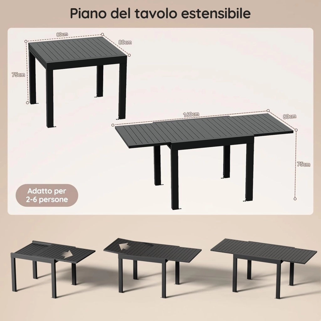 Tavolo da giardino, allungabile, 80/160 X 80 X 75 Cm, piccolo tavolo allungabile, alluminio, per balcone, resistente alle intemperie, allungabile, tavolo da pranzo per esterni, Grigio scuro