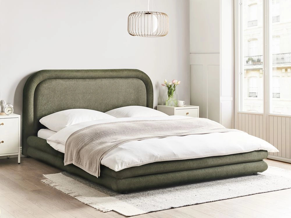 Letto imbottito in tessuto verde con testiera e giroletto 160 x 200 cm camera da letto elegante