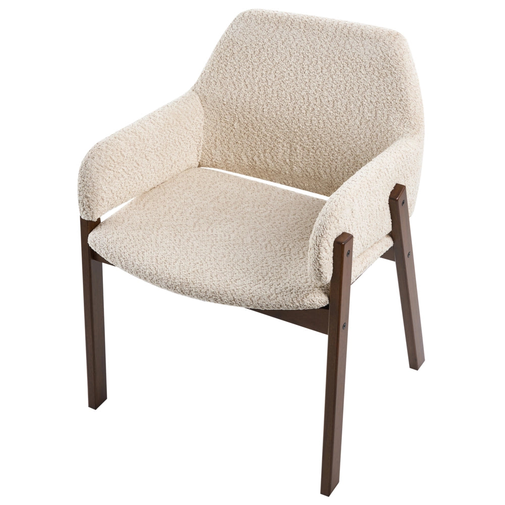 Set di 2 sedie da pranzo in tessuto bouclé marrone scuro e beige chiaro, con gambe in legno di gomma, stile retrò tradizionale
