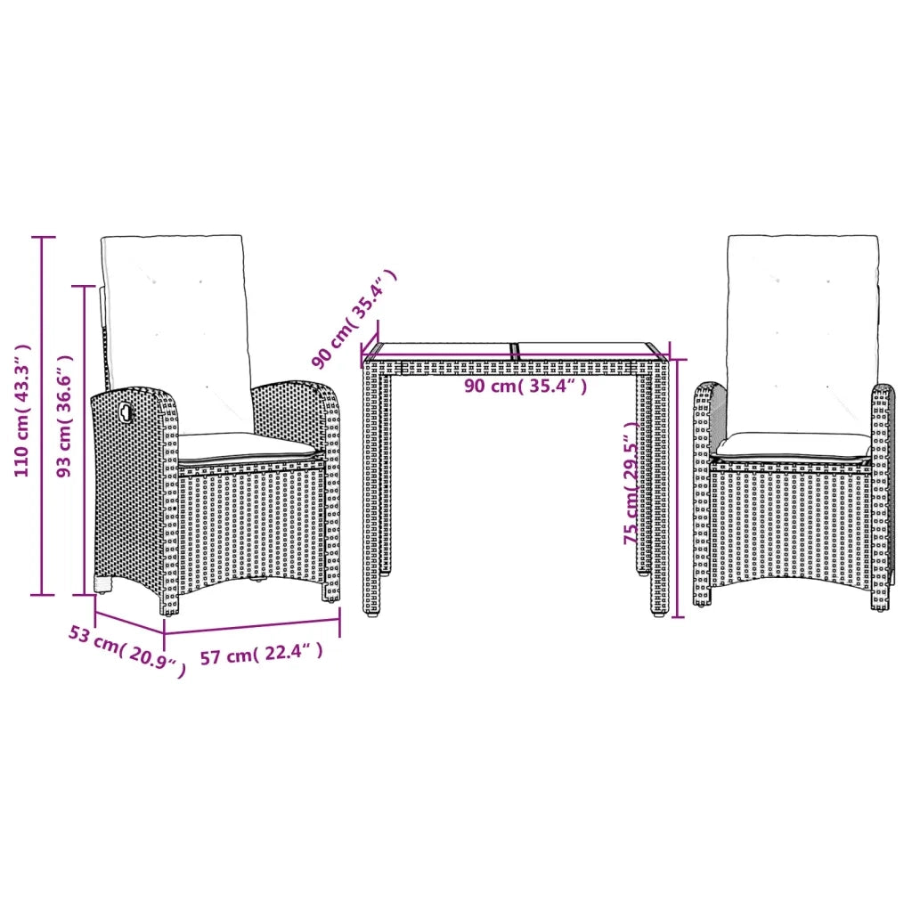 Set da Pranzo da Giardino 3 pz con Cuscini Nero in Polyrattan