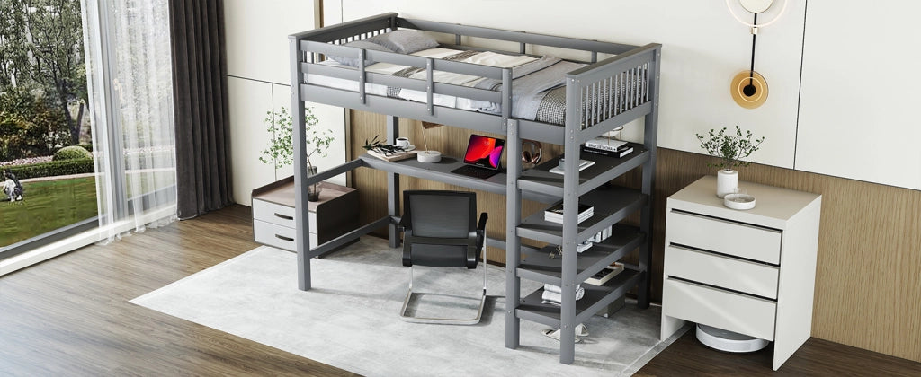DESMIU Letto a Soppalco Singolo con Scrivania, Scaffali e Scala Contenitore 90 × 200 cm, Senza Materasso, Grigio