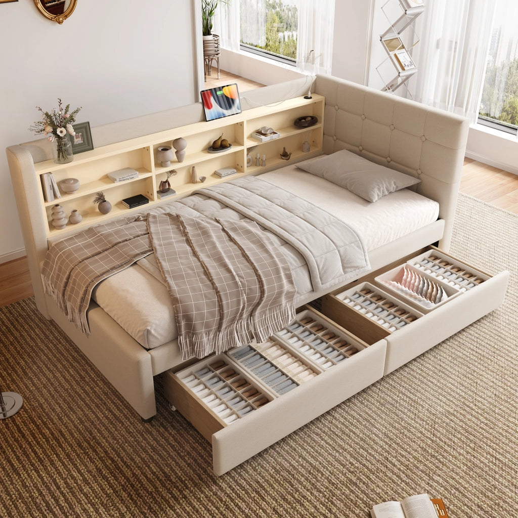 OKWISH Letto Divano 90×200 cm, Letto Singolo con 2 Cassetti, USB, Tipo C e Mensole, senza Materasso, in Lino, Beige
