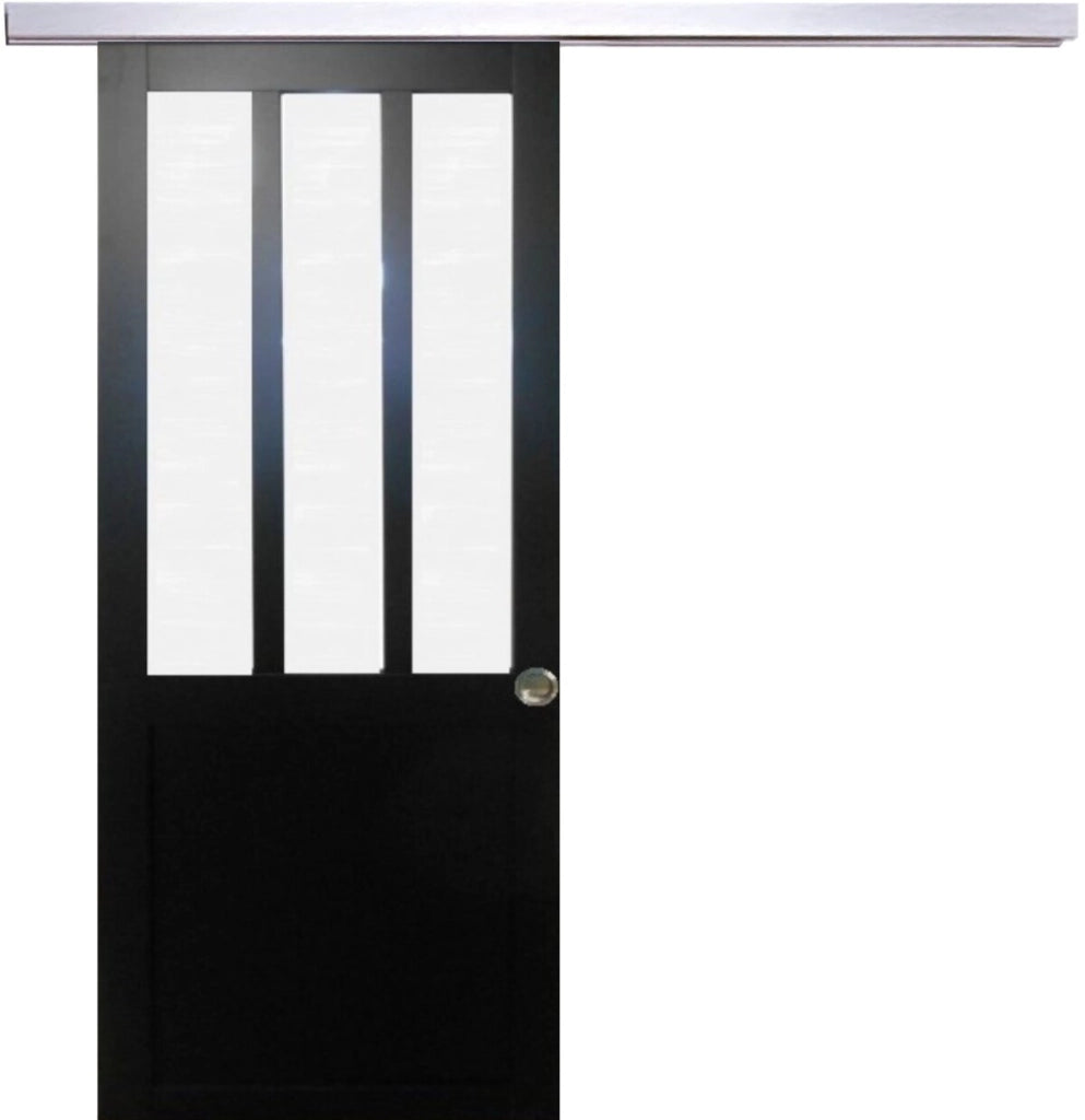 Porta scorrevole nera da officina in vetro satinato H204 x L83 + binario in alluminio e 2 gusci