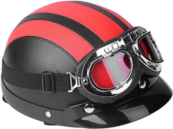 Elmetto universale di pelle sintetica con visiera aperta e parasole (Rosso) - Casco motociclistico con occhiali da sole UV
