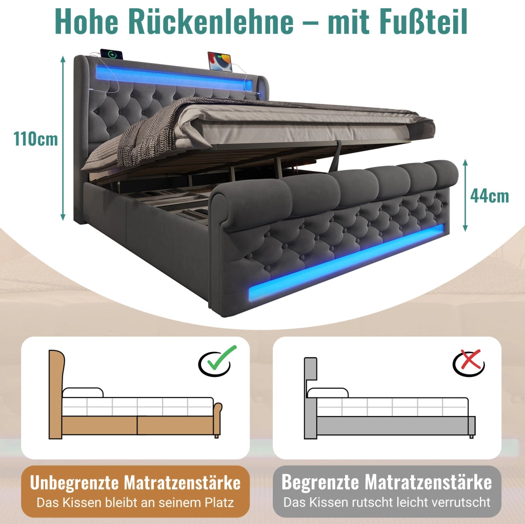 Letto matrimoniale imbottito 160x200 cm in velluto grigio con LED; USB; USB-C e materasso