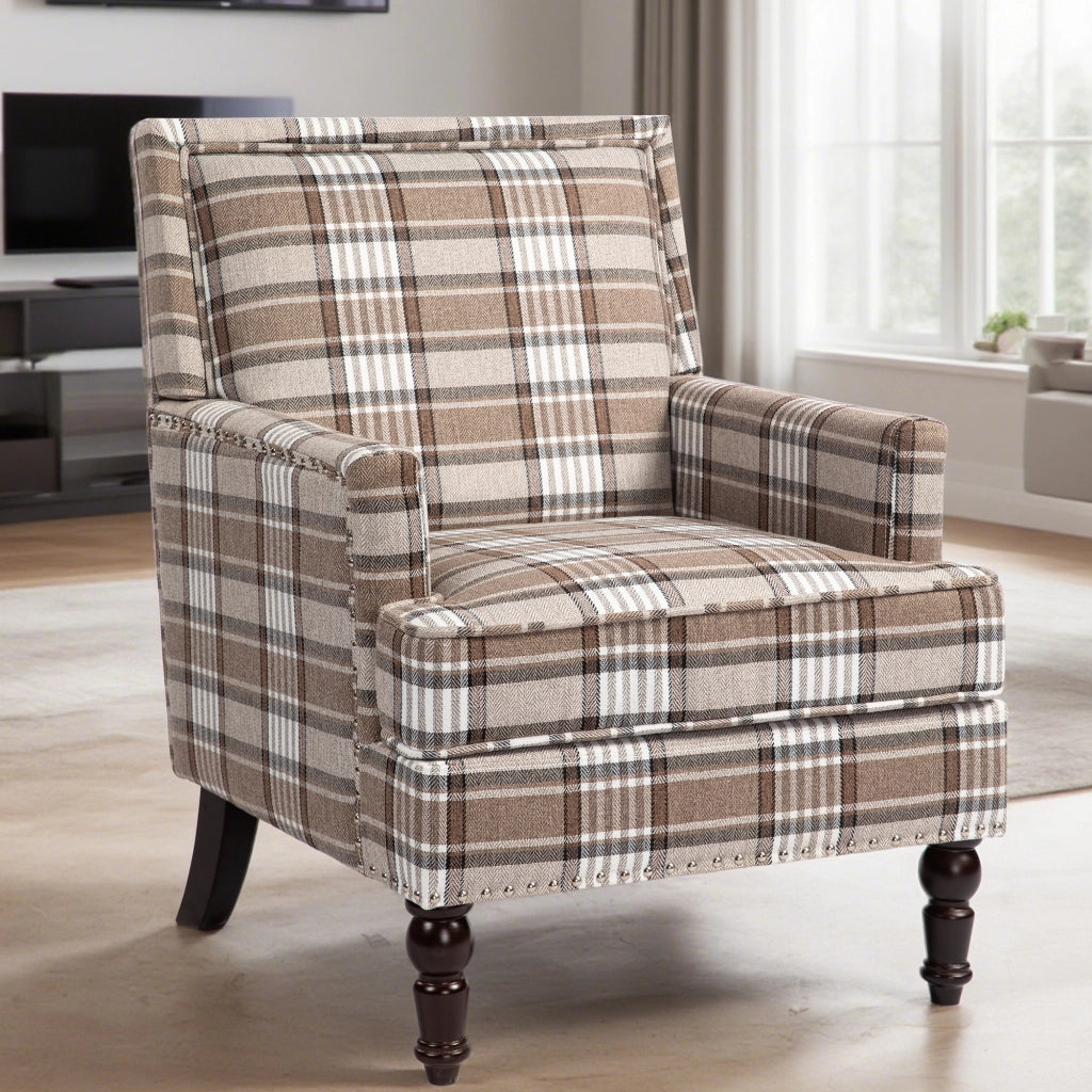 POLTRONA Imbottita 74x66x43,5 cm in Tessuto Cotone Lino Marrone e Bianco