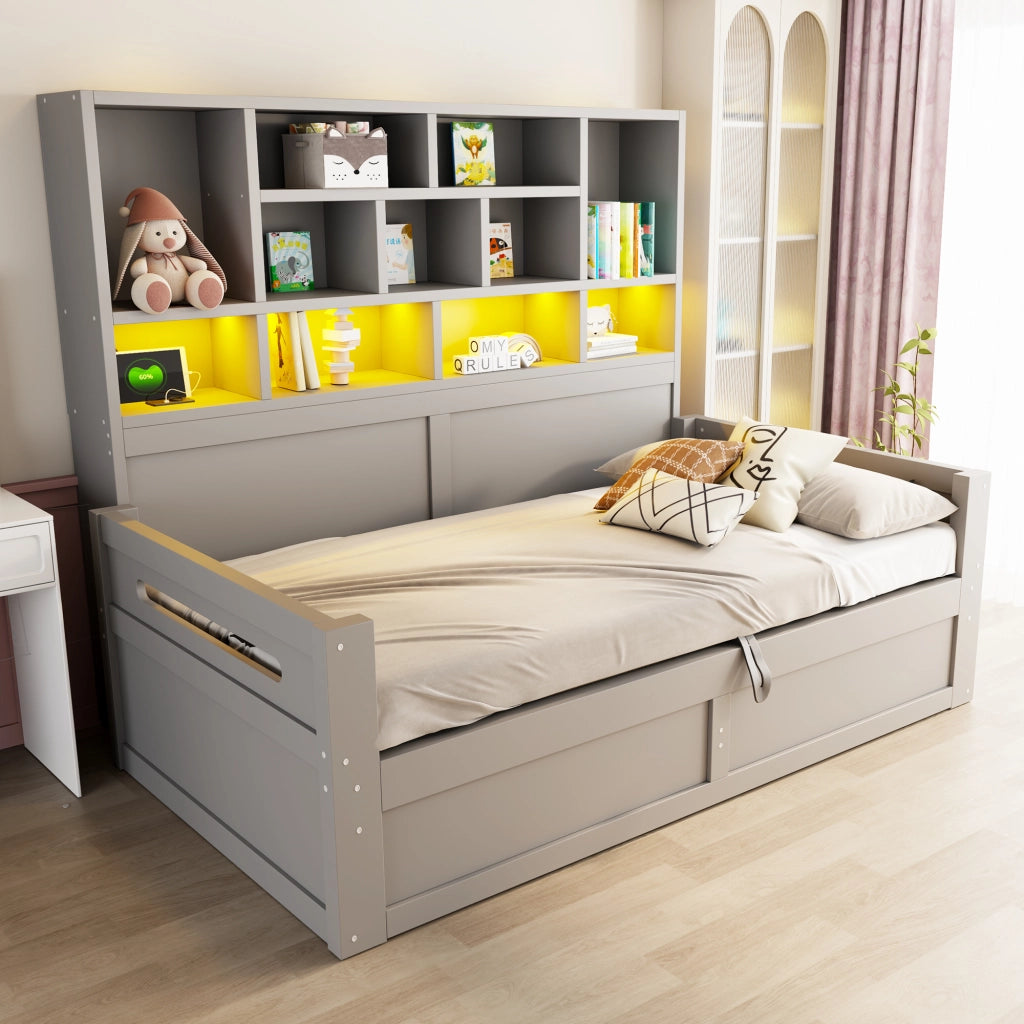 Letto contenitore 90x200 cm con sollevamento idraulico; LED; USB e ripiani portaoggetti; MDF grigio