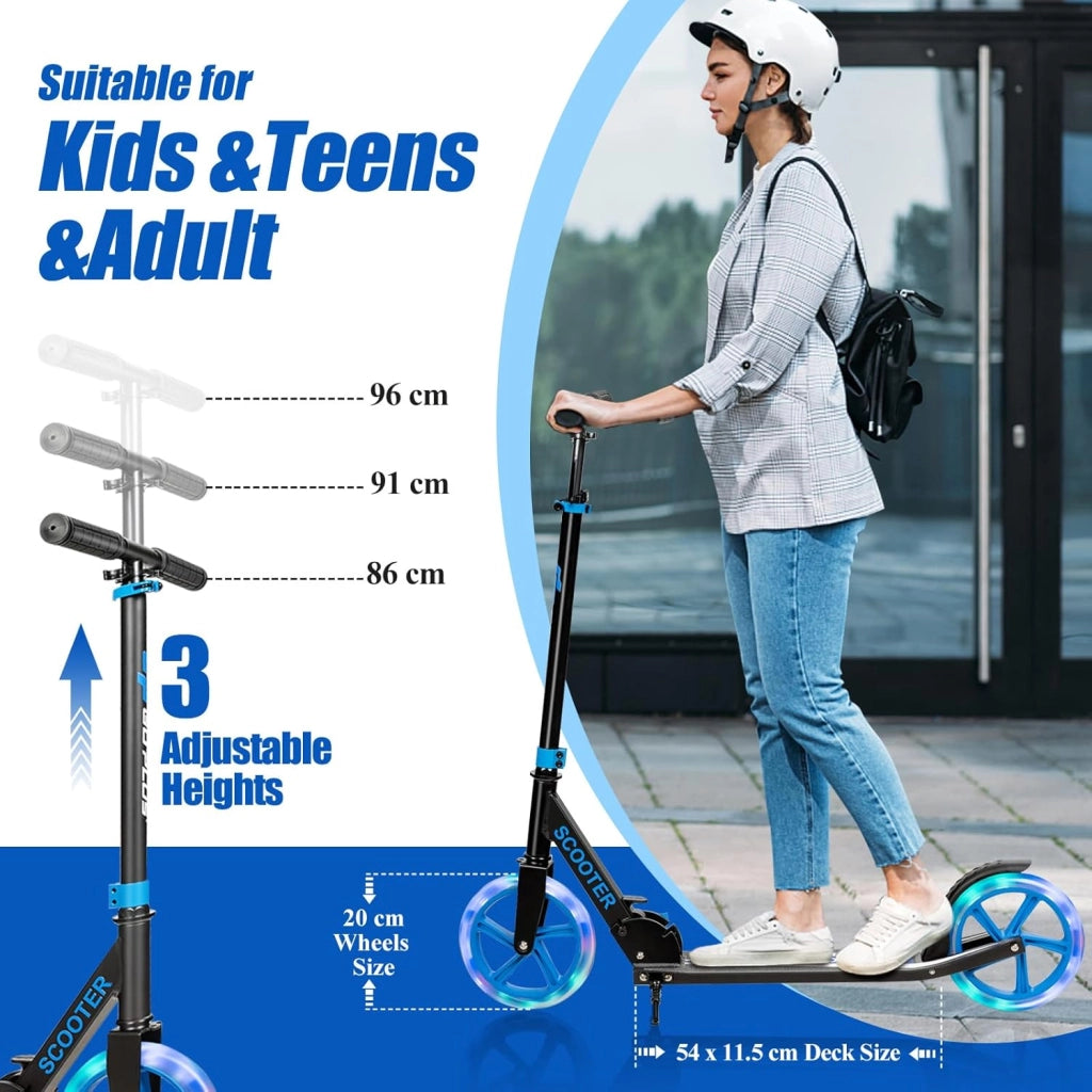Monopattino Pieghevole per Bambini e Adulti Fino a 110kg, Manopattino a 2 Ruote Luminose con Freno, Scooter per Bambini con Manubrio Regolabile e Cinghia di Trasporto