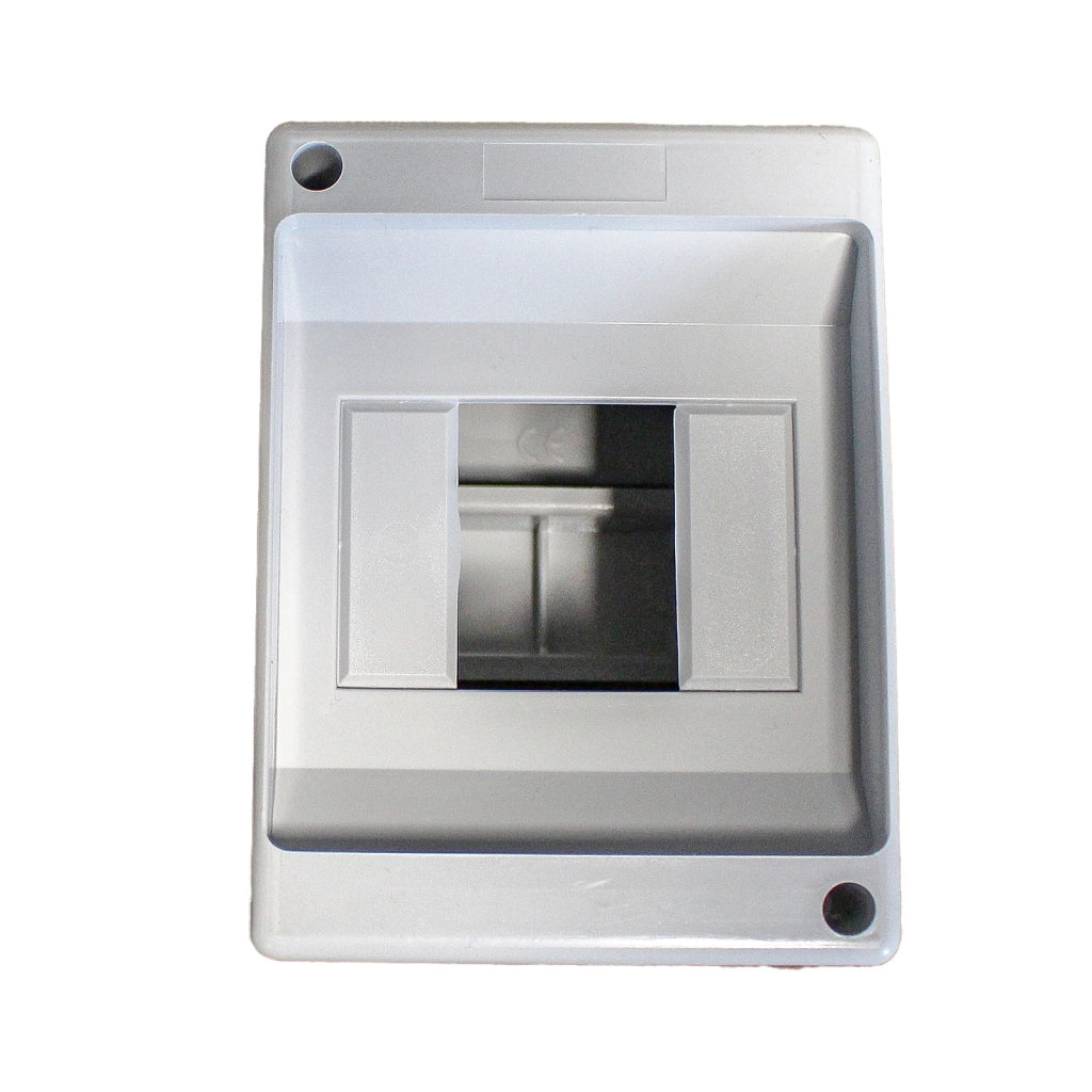 Centralino da parete con binario DIN stampato su base, 4 moduli, 130x90x86 mm, grigio RAL 7035, IP40, ideale per installazioni elettriche interne