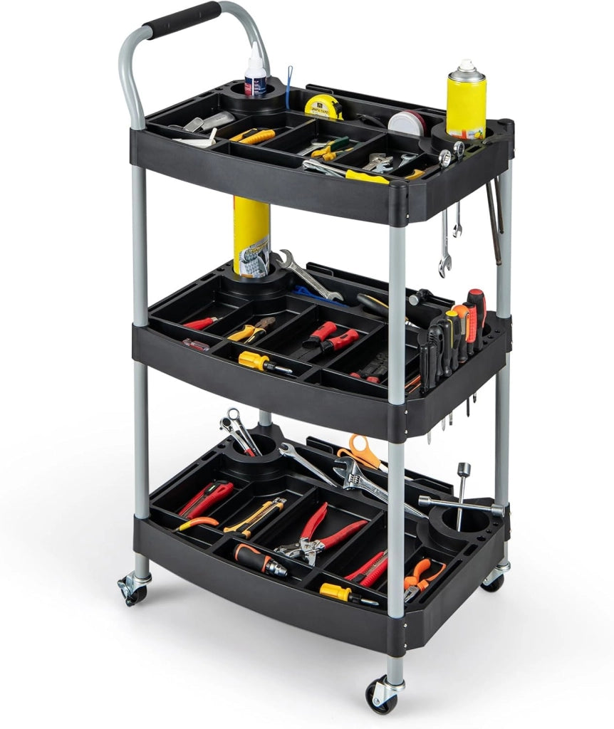 Carrello per Utensili a 3 piani, Carrello Porta Attrezzi su ruotedi Bloccaggio,Capacità 45kg, Organizzatore di strumenti con Pannelli Ben Divisi, per garage per officina per accessori