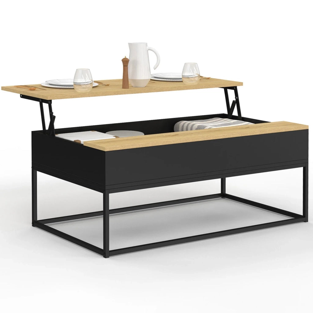 IDMarket - Tavolino rettangolare con piano sollevabile BOSTON 100 cm nero design industriale piano in legno