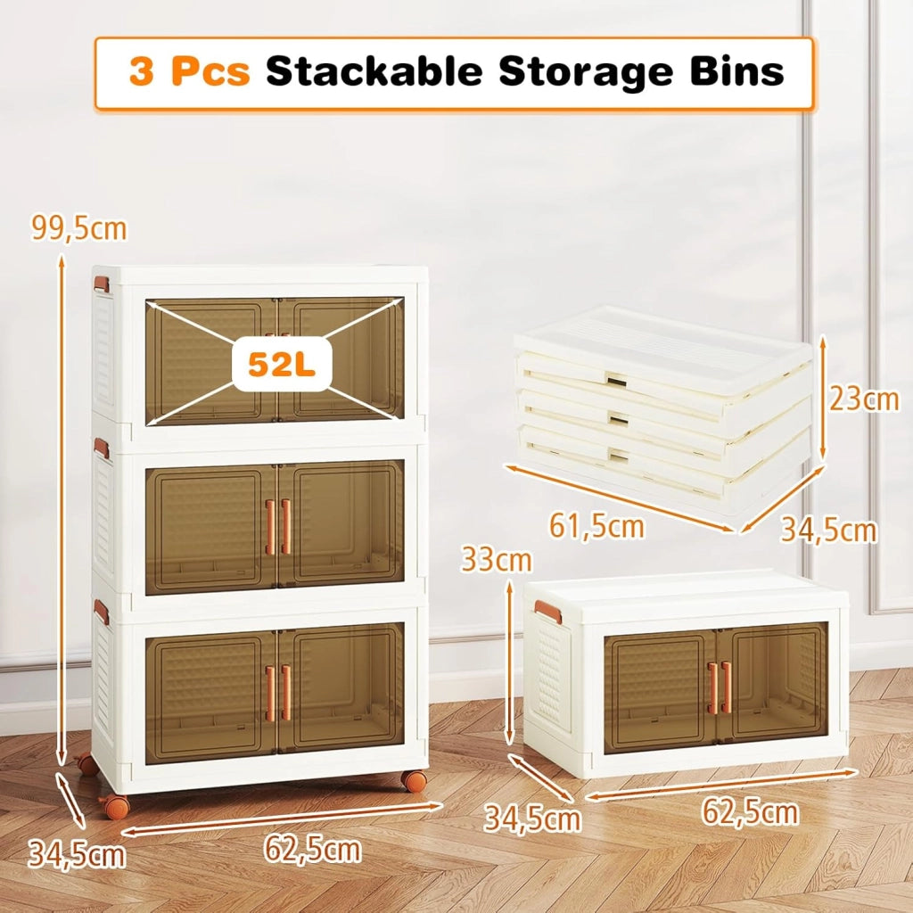 Contenitore di Archiviazione in Plastica, Organizzatore Impilabile con Coperchi e Porte, 4 Ruote, Scatole Organizzatore Pieghevoli per Soggiorno, Camera da Letto (62,5 x 34,5 x 99,5 cm)