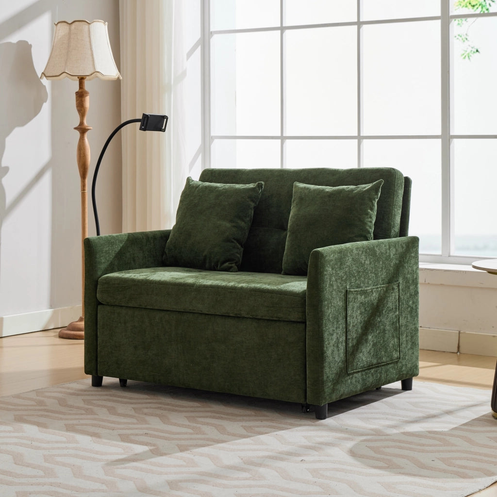 Divano letto multifunzione in tessuto verde con porta USB e supporto per tablet per soggiorno 109 × 72 × 83,5 cm
