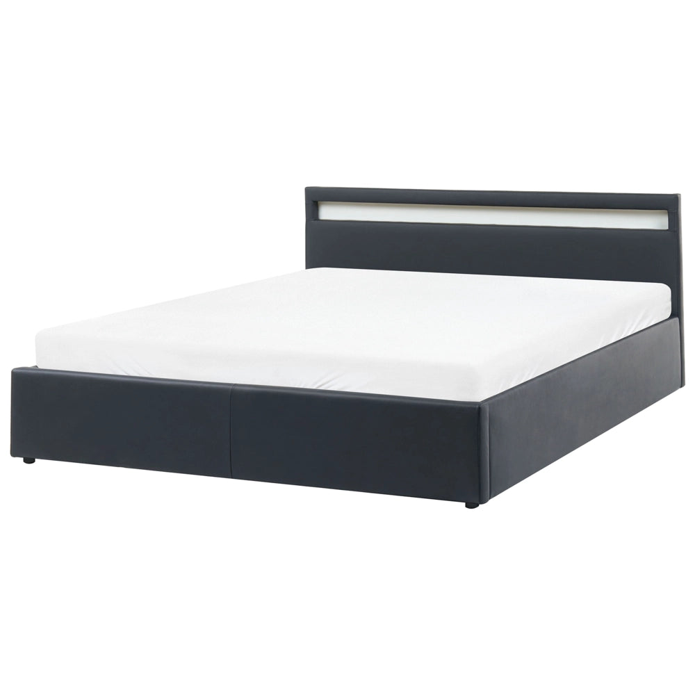 Letto matrimoniale in tessuto nero con LED 180 x 200 cm con contenitore e ottomana con doghe in legno