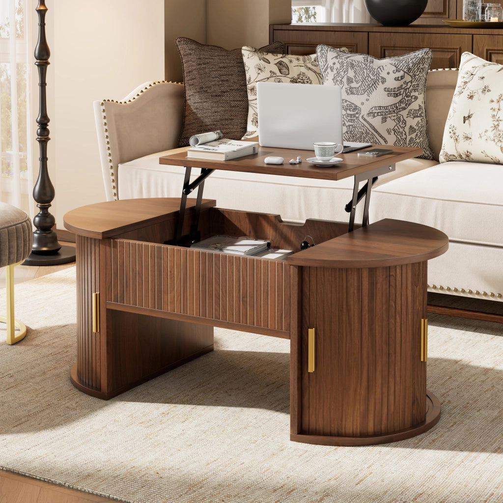 Tavolino Da Salotto Alzabile Ovale con 2 Ante Scorrevoli e Ripiani Aperti; Stile Moderno Retrò; in MDF; 100×50×40;5 cm; Noce