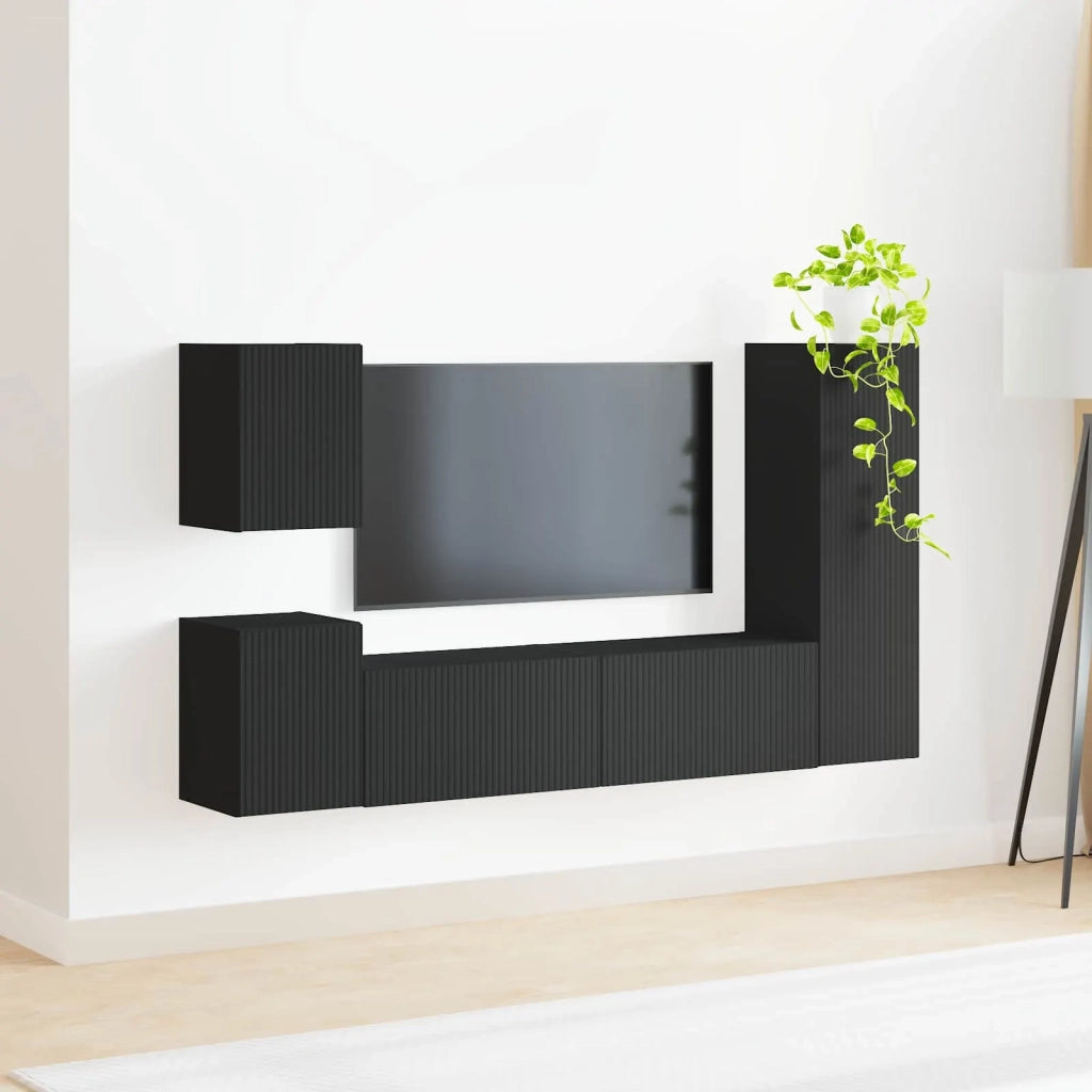Set mobile TV Montaggio a parete 4 pcs Nero Legno multistrato