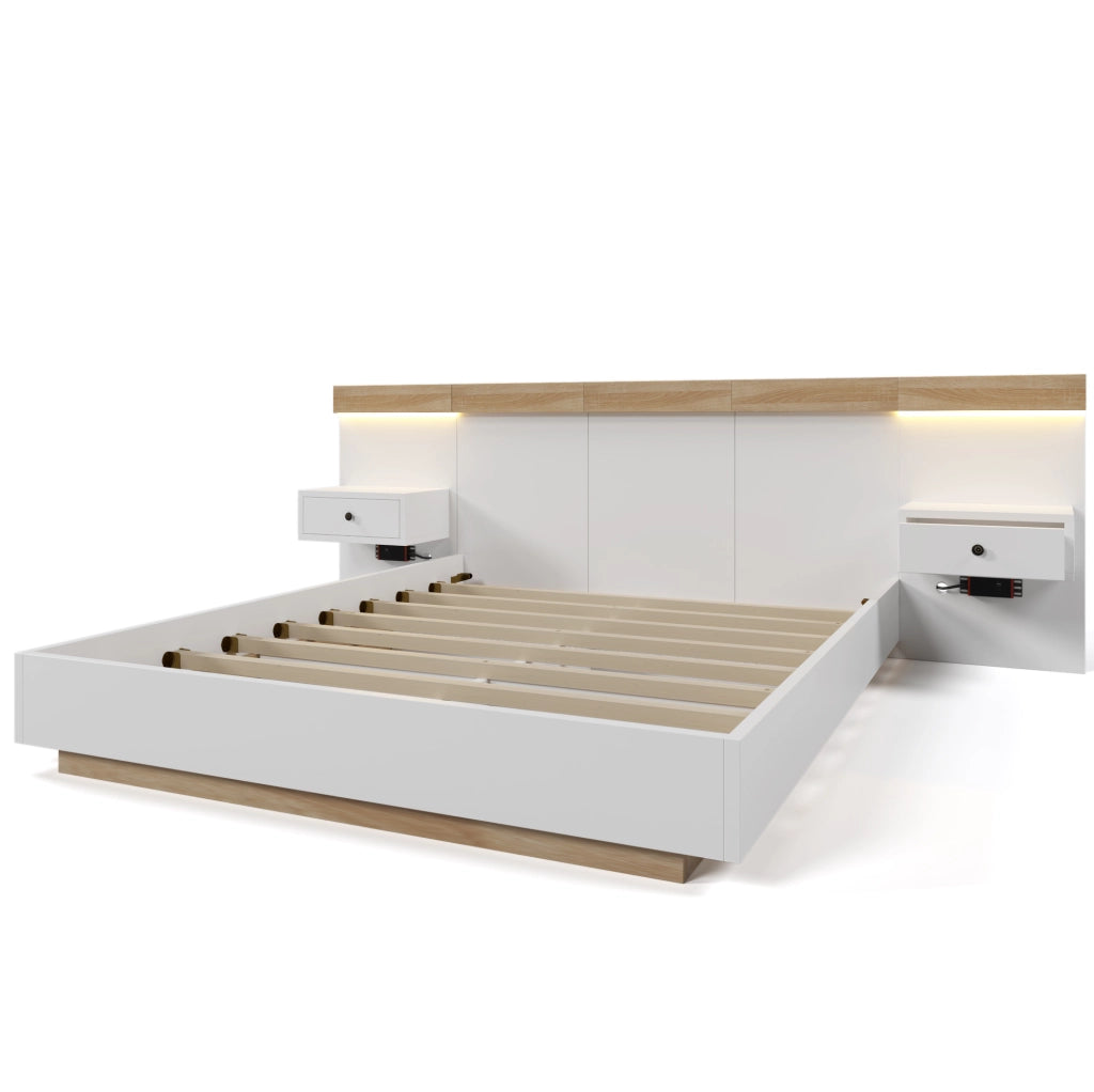 Letto matrimoniale 160x200 cm con comodini LED; USB C e presa EU; legno bianco e quercia Sonoma