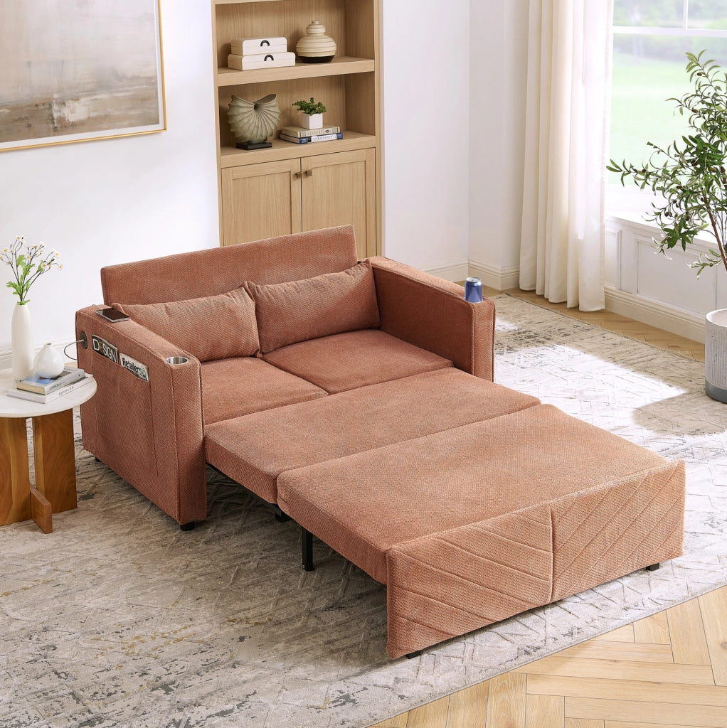 Divano letto 2 posti 195x134x73 cm in legno e tessuto arancione con USB