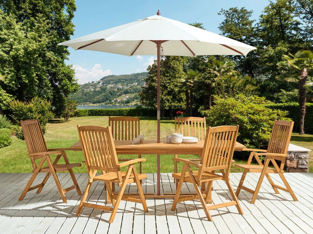 Set da pranzo da giardino in legno di acacia con ombrellone Sedie pieghevoli regolabili a 6 posti in stile country per esterni