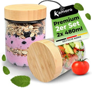 Contenitori in vetro per alimenti con coperchi in bambù sostenibili - Contenitori in vetro in diverse misure con gommini - Contenitori BPA liberi (set da 2)