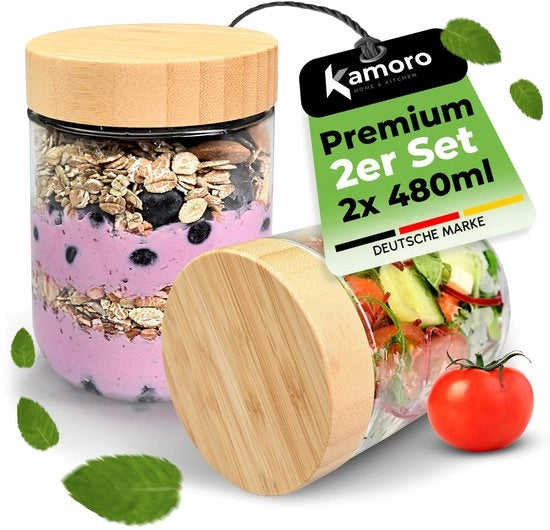 Contenitori in vetro per alimenti con coperchi in bambù sostenibili - Contenitori in vetro in diverse misure con gommini - Contenitori BPA liberi (set da 2)