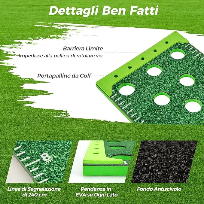 Putting Green, Set Gioco Golf Pong con 2 Putter Regolabili, 6 Palline e 12 Copri Buchi, Tappetino da Golf per Fester, Giardino e Casa, 332 cm x 50 cm
