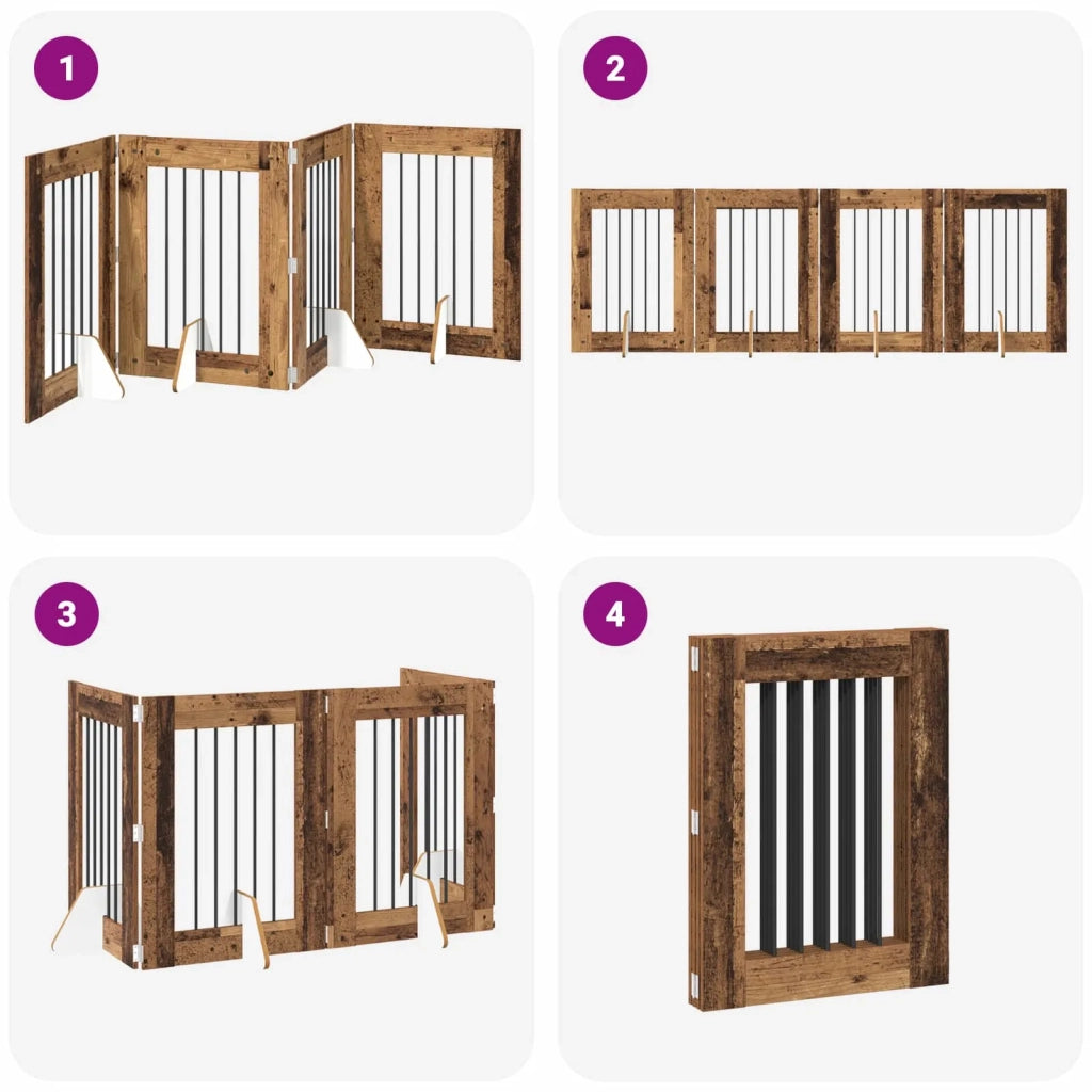 Cancello per cani pieghevole con supporti 4 pcs Legno antico 892101