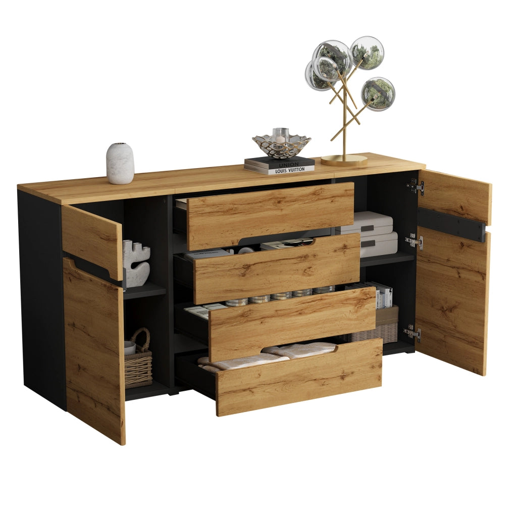 Sideboard 160x40x80 cm con 2 ante e 4 cassetti in pannello truciolare naturale e nero