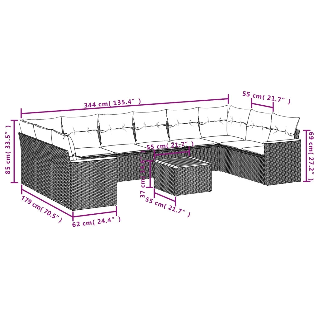 Set Divani da Giardino 11 pz con Cuscini in Polyrattan Nero 3258731