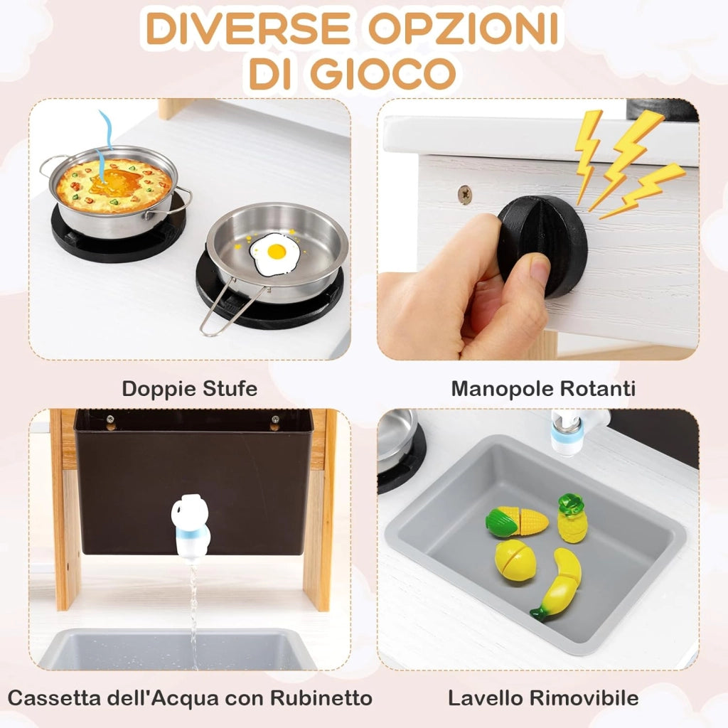 Cucina Giochi in Legno a Doppia Faccia, Cucina Giocattolo con Fornelli, Lavandino, Vaschetta per l'Acqua, Rubinetto, Set di Cucina per Esterni con Tetto, per Bambini dai 3+ Anni