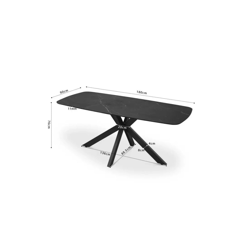 Tavolo da pranzo VINCI lunghezza 180cm con piano di 10mm in pietra effetto marmo nero.