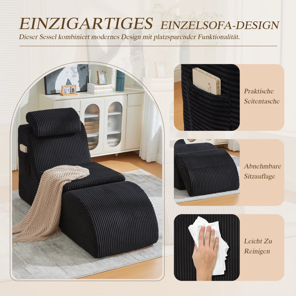 Fauteuil con design singolo ergonomico con poggiatesta e tasca laterale in velluto a coste nero