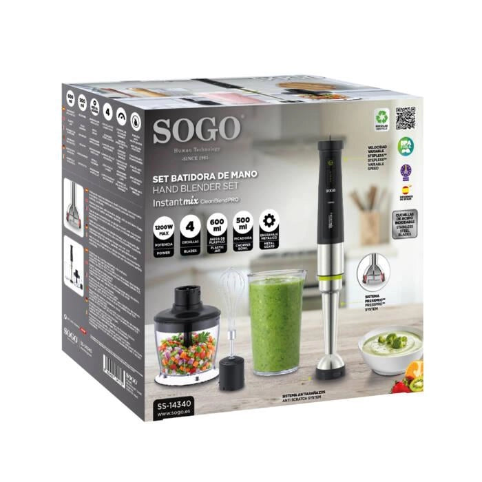 Frullatore ad immersione 1200W con 4 lame titanio, bicchiere 600ml, tritatutto 500ml, velocità variabile - SOGO
