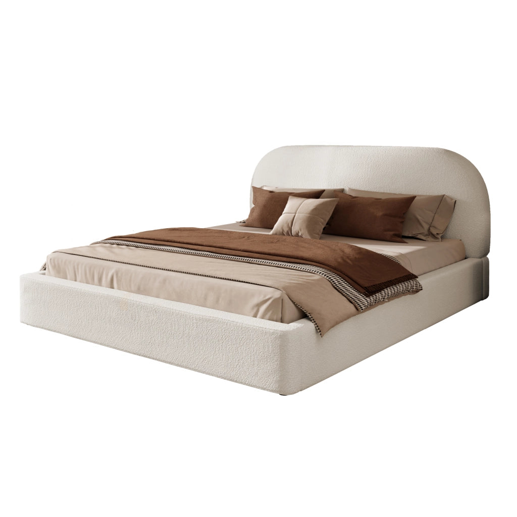 Letto matrimoniale 180x200 cm in Bouclé beige con rete a doghe, testiera imbottita e struttura con angoli arrotondati