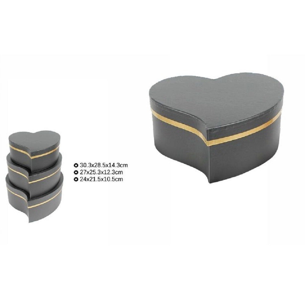 Trade Shop - Set 3 Pz Scatole Box Regali Varie Misure Matrioska Forma Cuore Storto Nero 71932 -