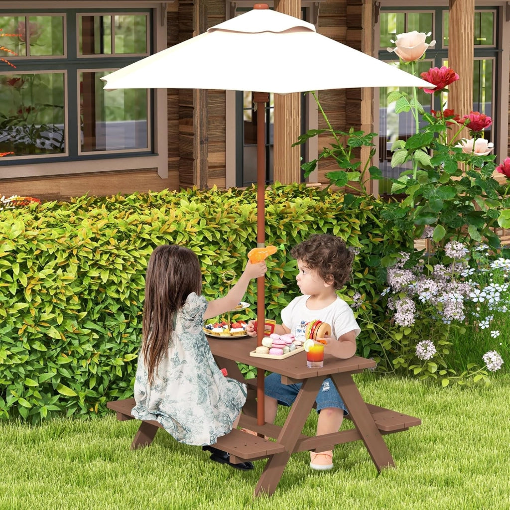 Set di mobili da giardino in legno per bambini, con ombrellone, tavolo da picnic per bambini con protezione UV e impermeabile, tavolo da giardino e panca, set di mobili da giardino per esterni