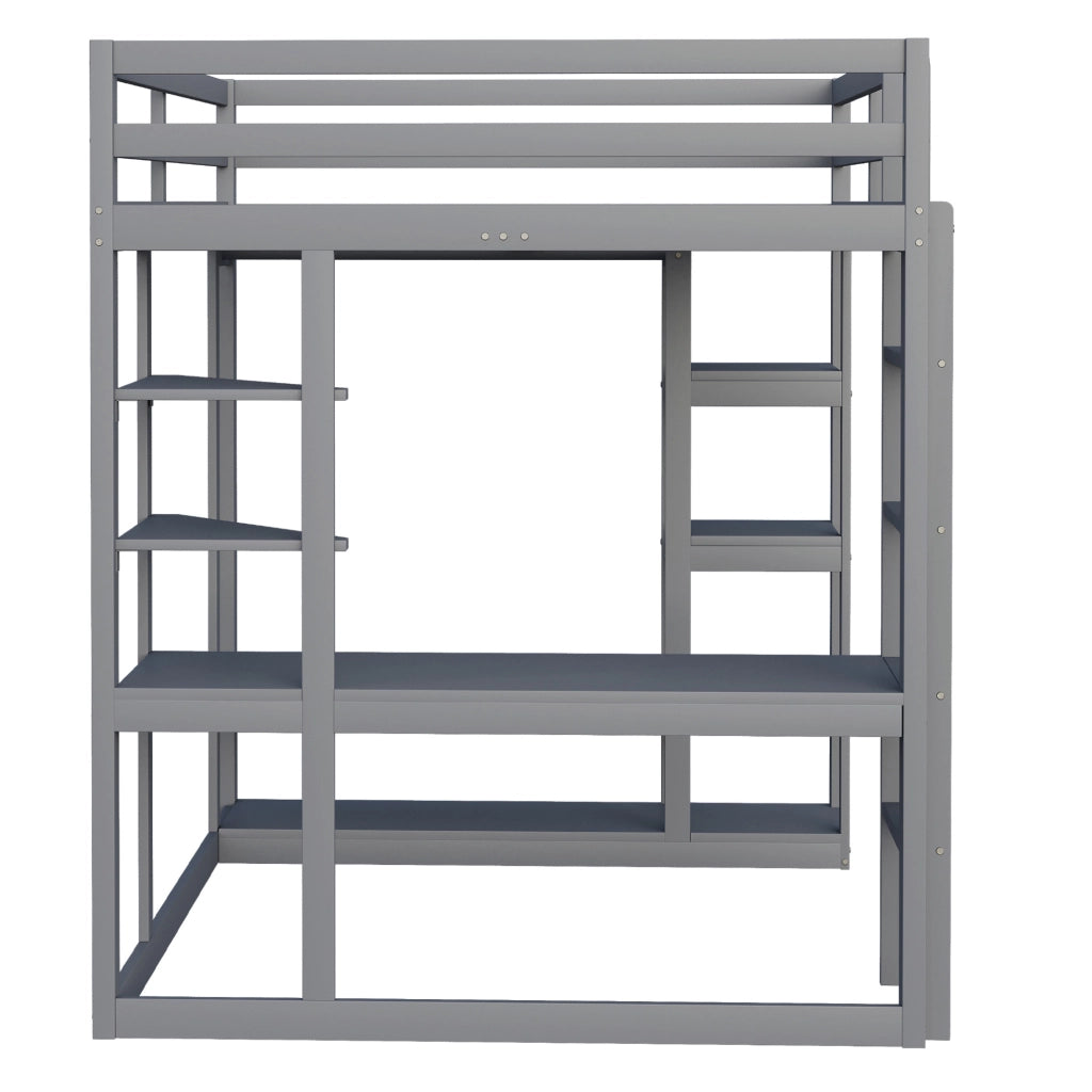 Letto a soppalco 140x200 cm in legno grigio con scrivania; armadio e ripiani