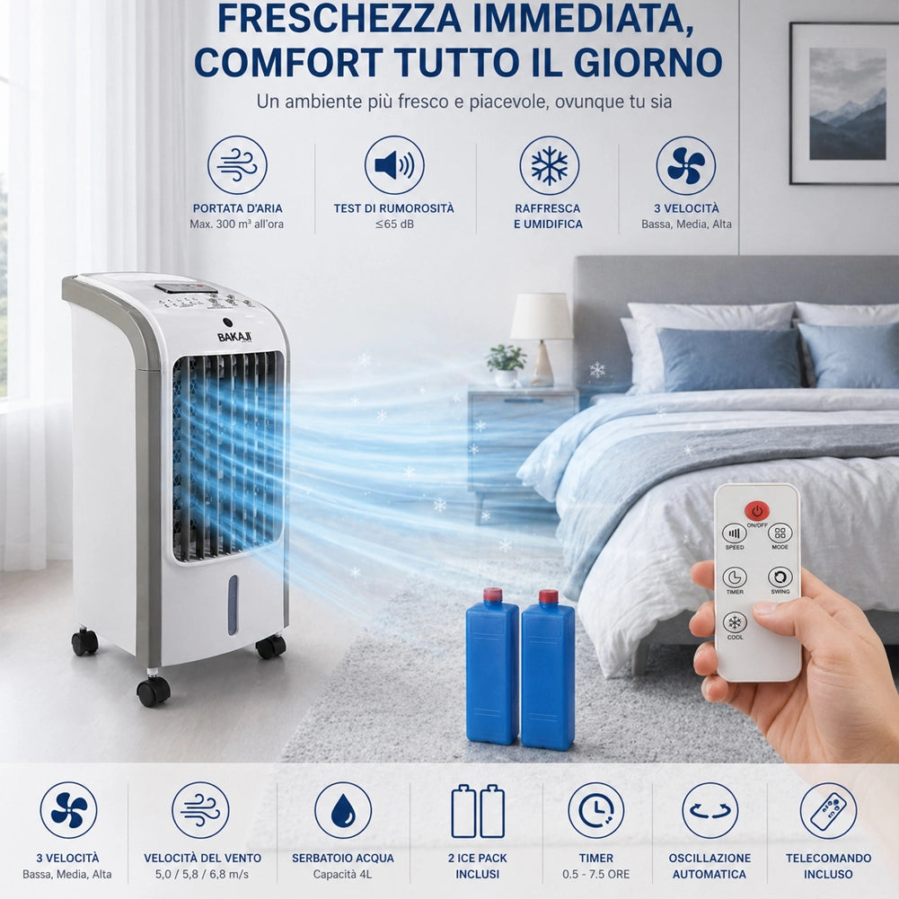 Raffrescatore Aria 80W 4LT Ventilatore Umidificatore con Telecomando