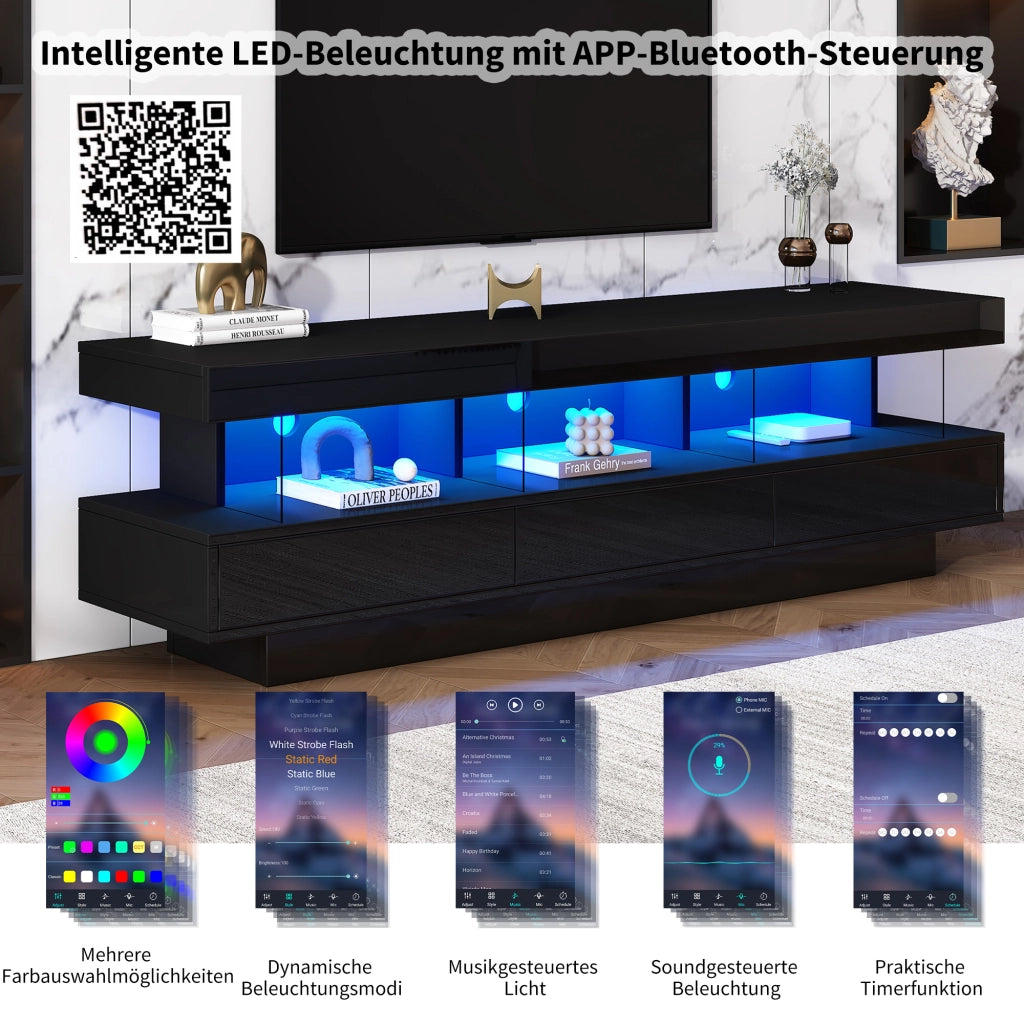 Mobile porta TV con 3 vani in vetro, LED con controllo Bluetooth, per soggiorno, nero lucido, 160 × 38 × 50,5 cm