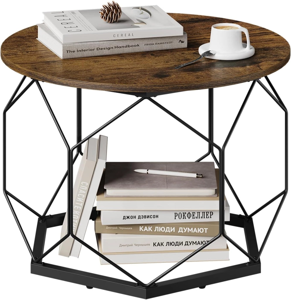Tavolino da Salotto Rotondo, Tavolino da Caffè con Struttura in Metallo per Soggiorno, Balcone, Divano e Letto, Marrone Rustico+Nero, BTS27vbn