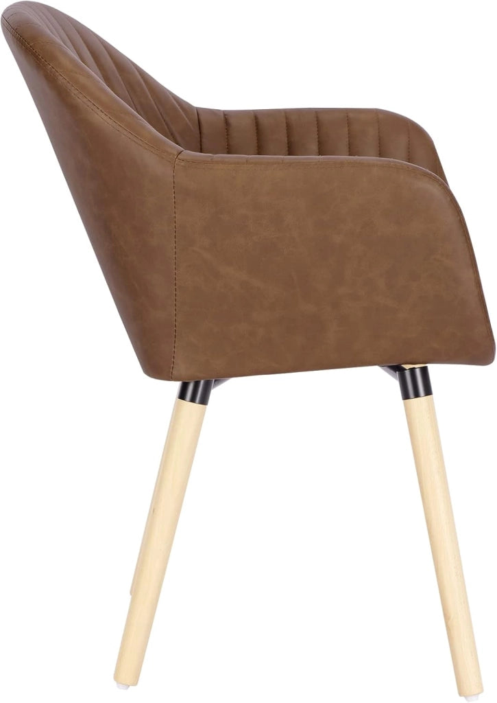 Set di 6 Sedie per Sala da Pranzo con Schienale Braccioli Poltrona Imbottita Gambe in Legno Seduta in Similpelle, Marrone, BH336br-6