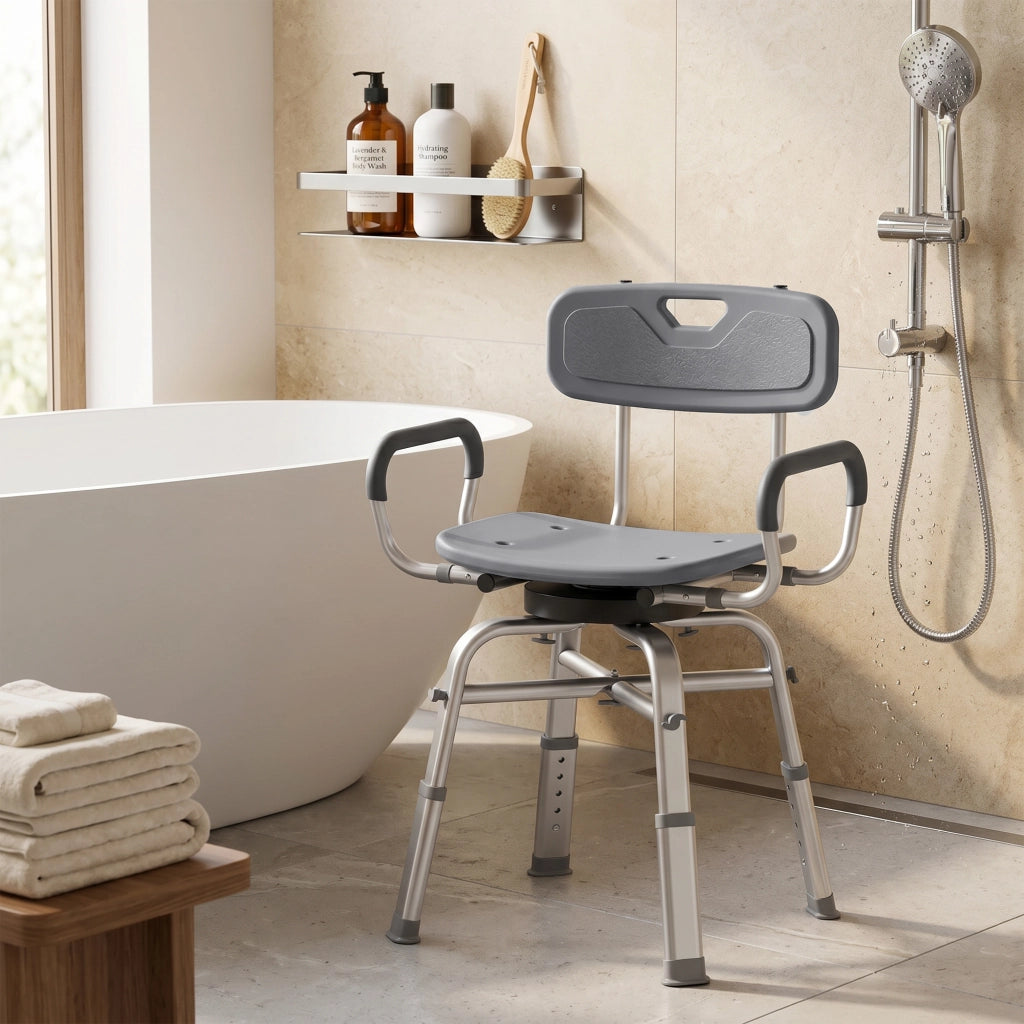Sedia per Doccia Girevole 57x48x74-86 cm con Braccioli Schienale Capacità 150 kg in Alluminio e HDPE Grigio