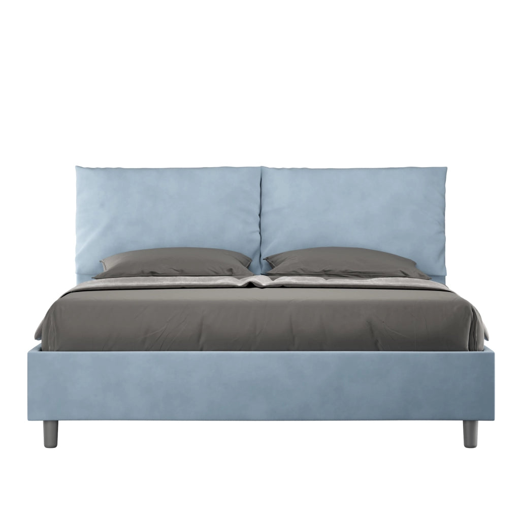 Letto Matrimoniale 160x210 cm con Rete e Contenitore Giroletto con Alzata Comoda Imbottito in Microfibra Antea Azzurro